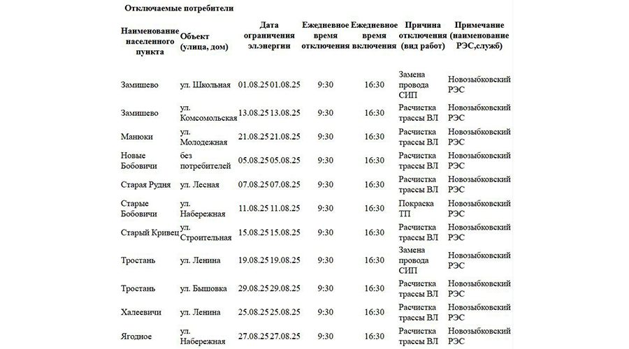 В Новозыбковском городском округе пройдут плановые отключения электроэнергии